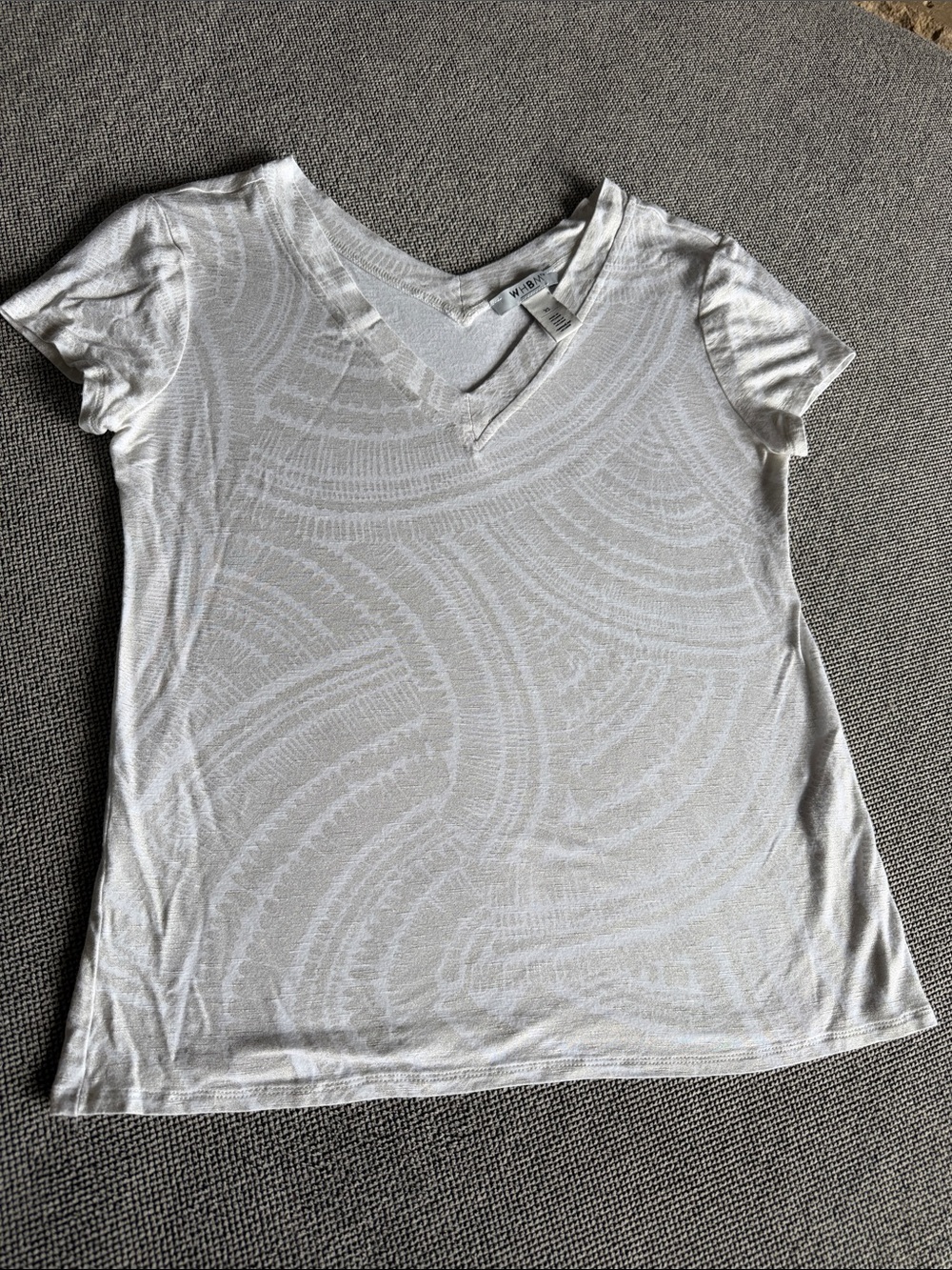 White House Black Market Cream & White Short Sleeve V-Neck Tee sz XS